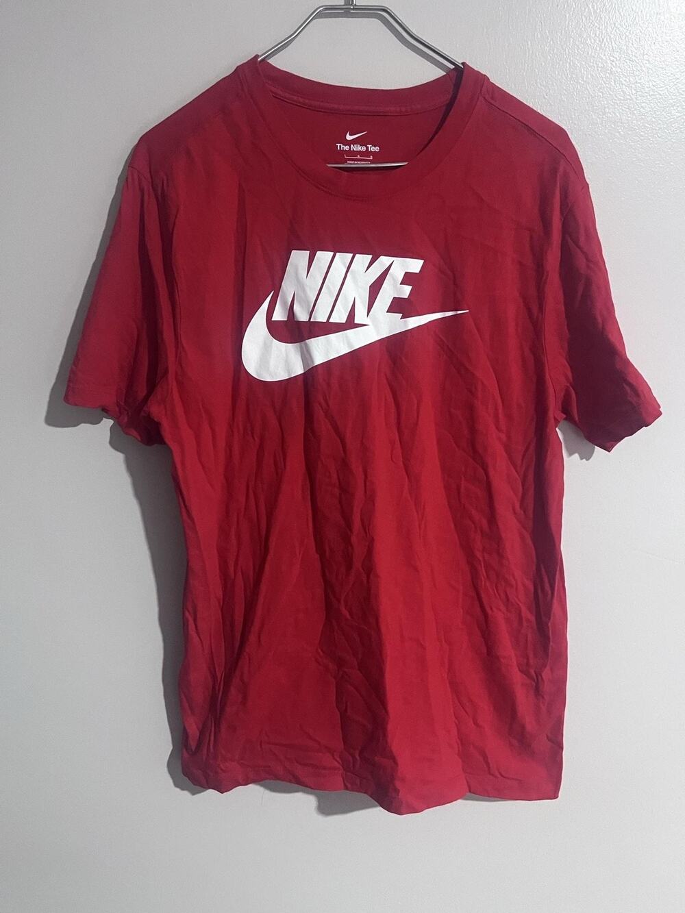 Nike Shirt Mens L Red Short Sleeve Graphic Crew Neck Cotton Tagless Jersey Logo